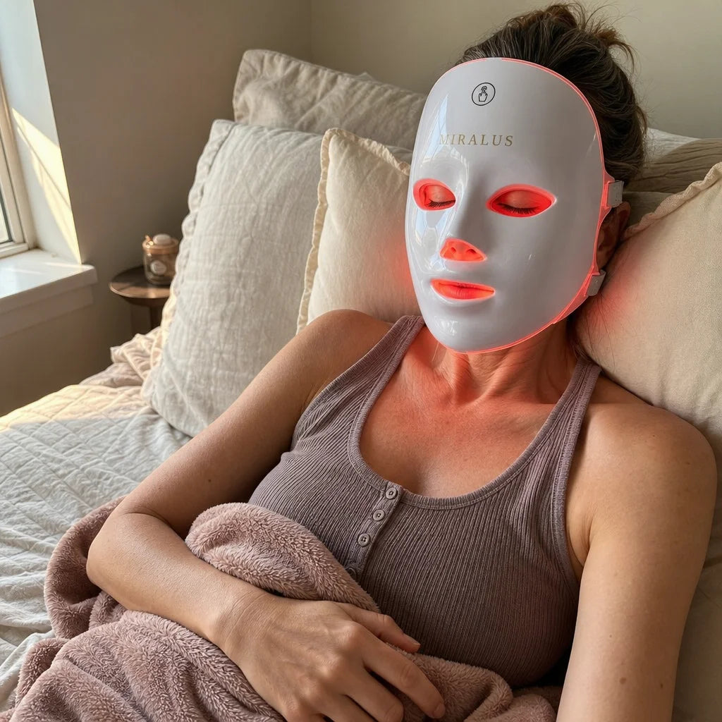 Authentic at-home ritual photograph in a square frame. Show one woman in her mid-thirties reclining